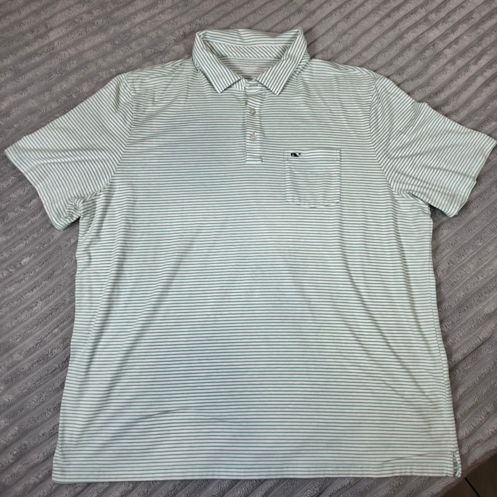 Vineyard Vines Edgartown Polo Shirt Mens 2XL Green White Striped Pima Cotton Pkt